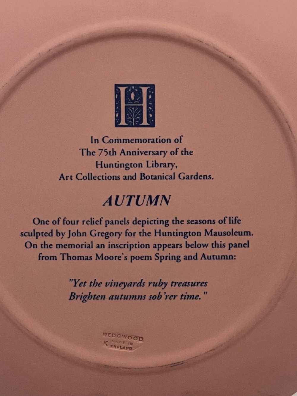 Pink Wedgwood Jasperware Autumn Plate / Seasons of Life Huntington Library - Picture 7 of 11